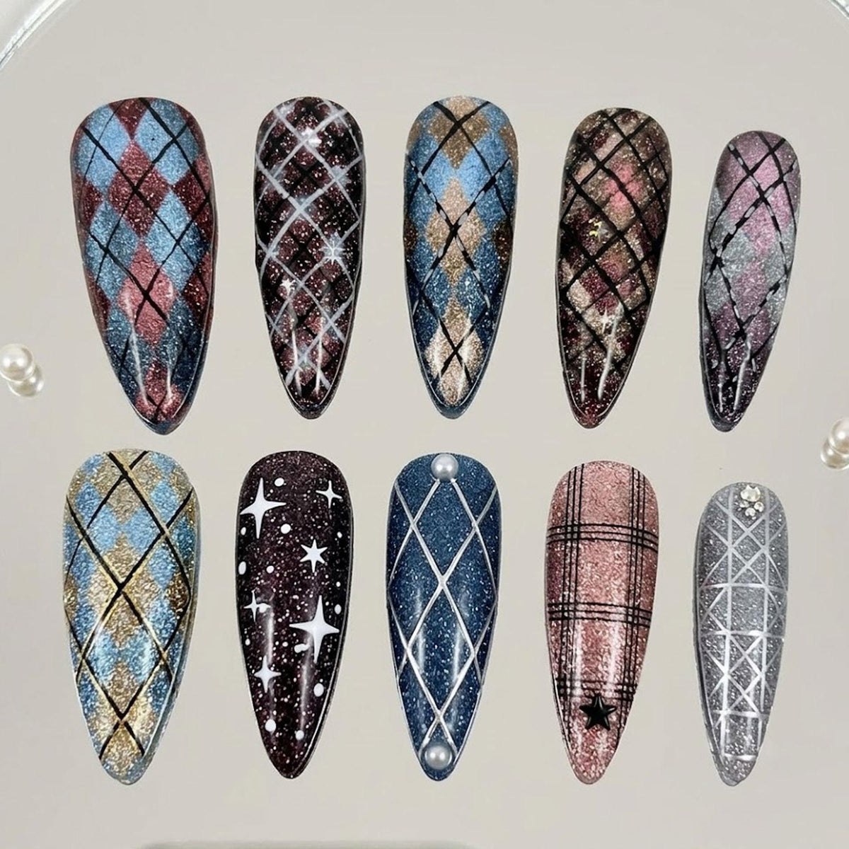 Glitter Argyle Plaid Press-On Nails in Blue, Pink, Silver, Black and White