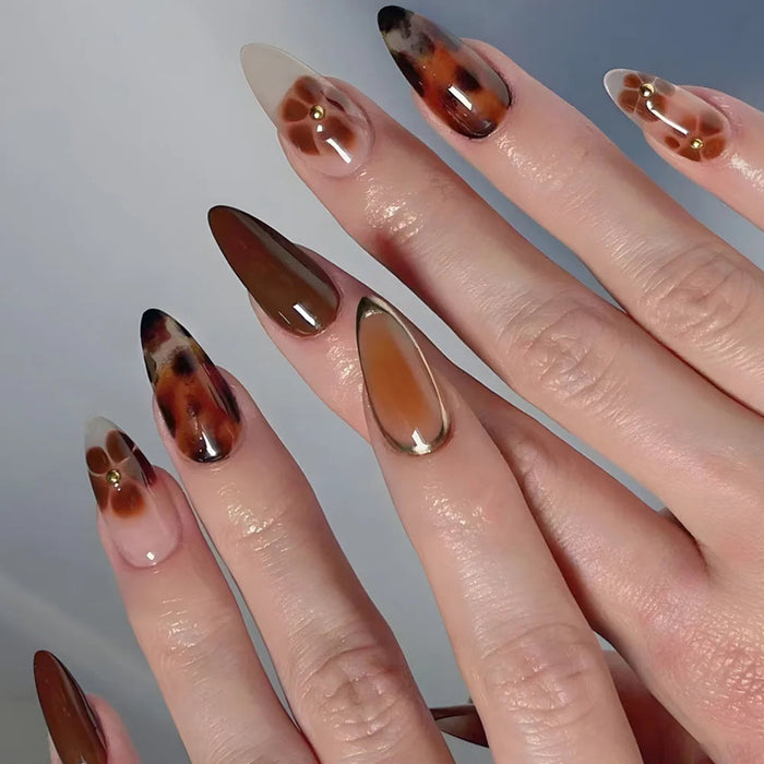 Glossy Amber Tortoiseshell Press On Nails With Gold-Toned Studs