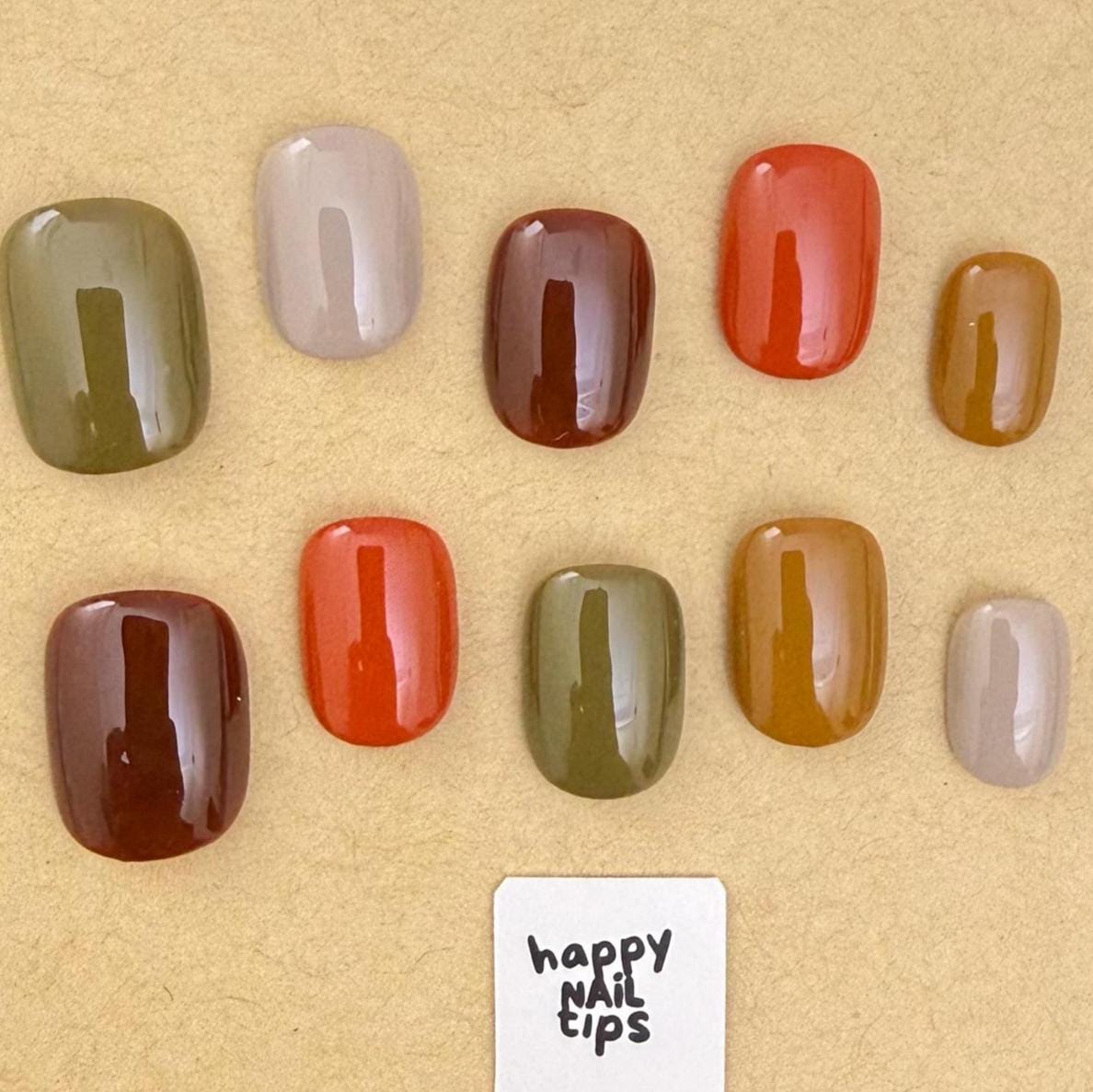 Glossy Autumn Color Press On Nails in Olive, Rust, Orange, Mustard and Cream