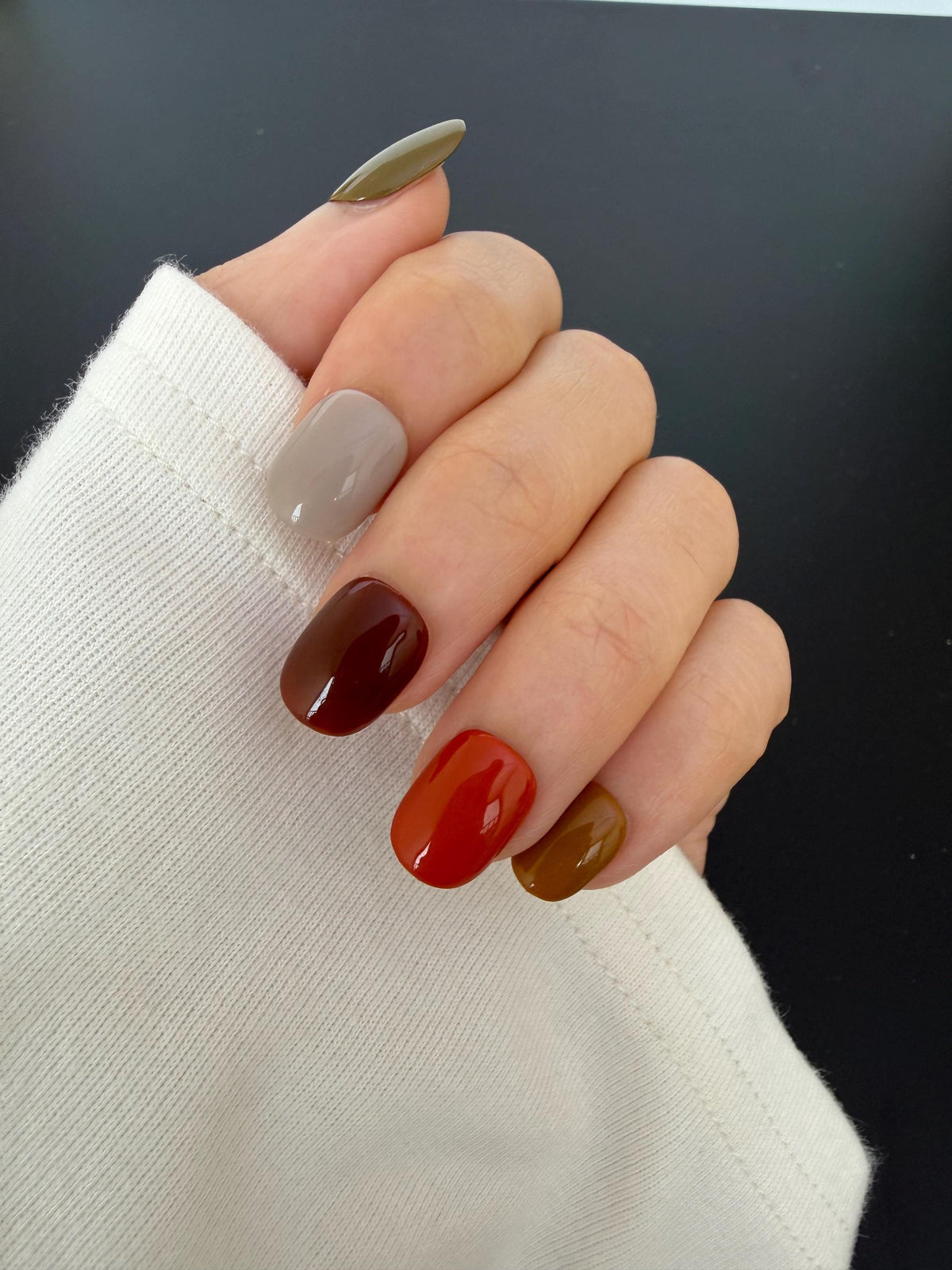 Glossy Autumn Color Press On Nails in Olive, Rust, Orange, Mustard and Cream