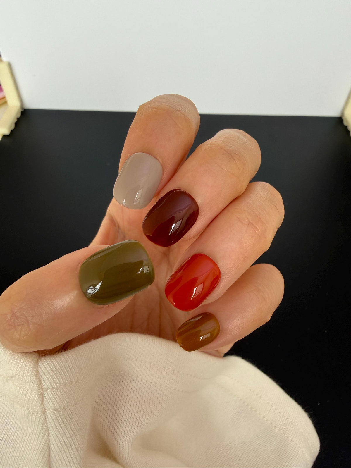Glossy Autumn Color Press On Nails in Olive, Rust, Orange, Mustard and Cream