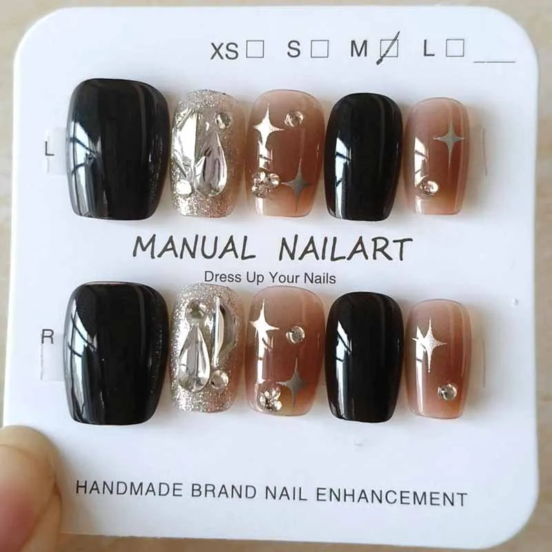 Glossy Black and Sheer Nude Star French Tip Press-On Nails with Silver Glitter