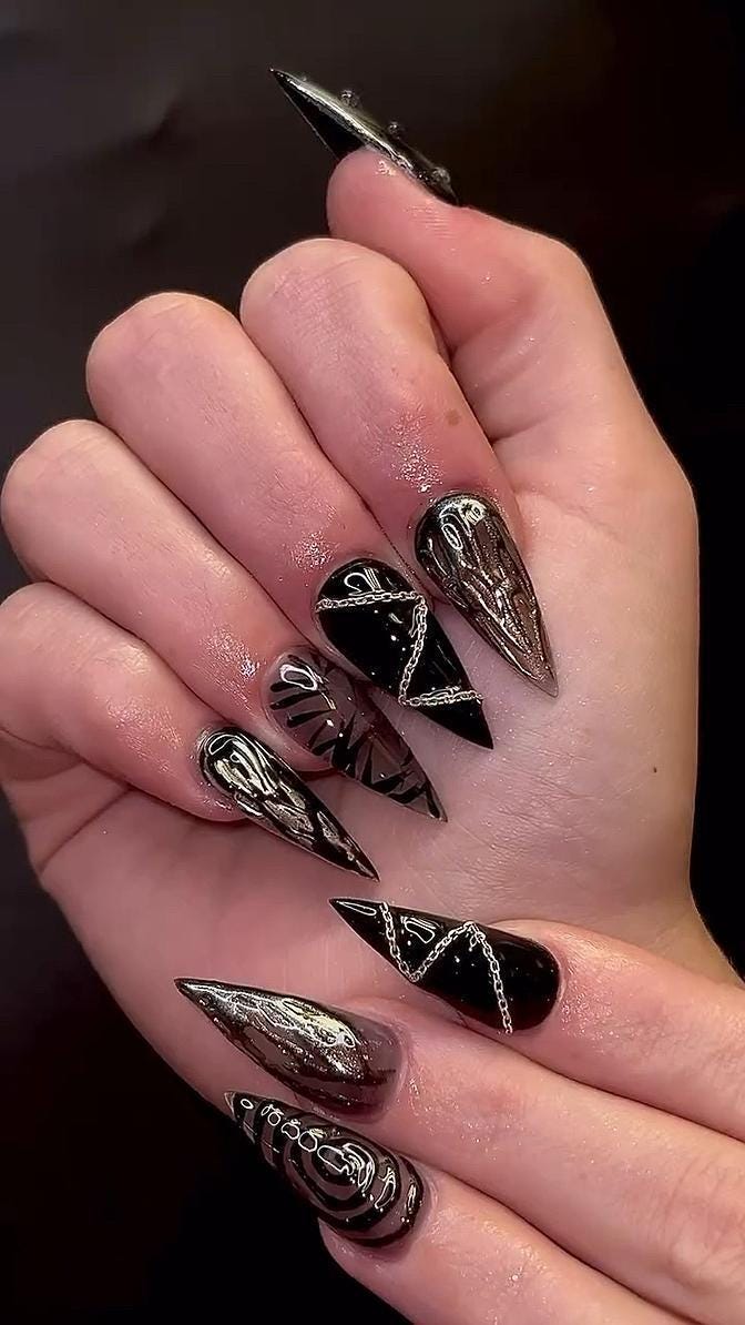 Glossy Black and Silver Gothic Swirl Press On Nail Set