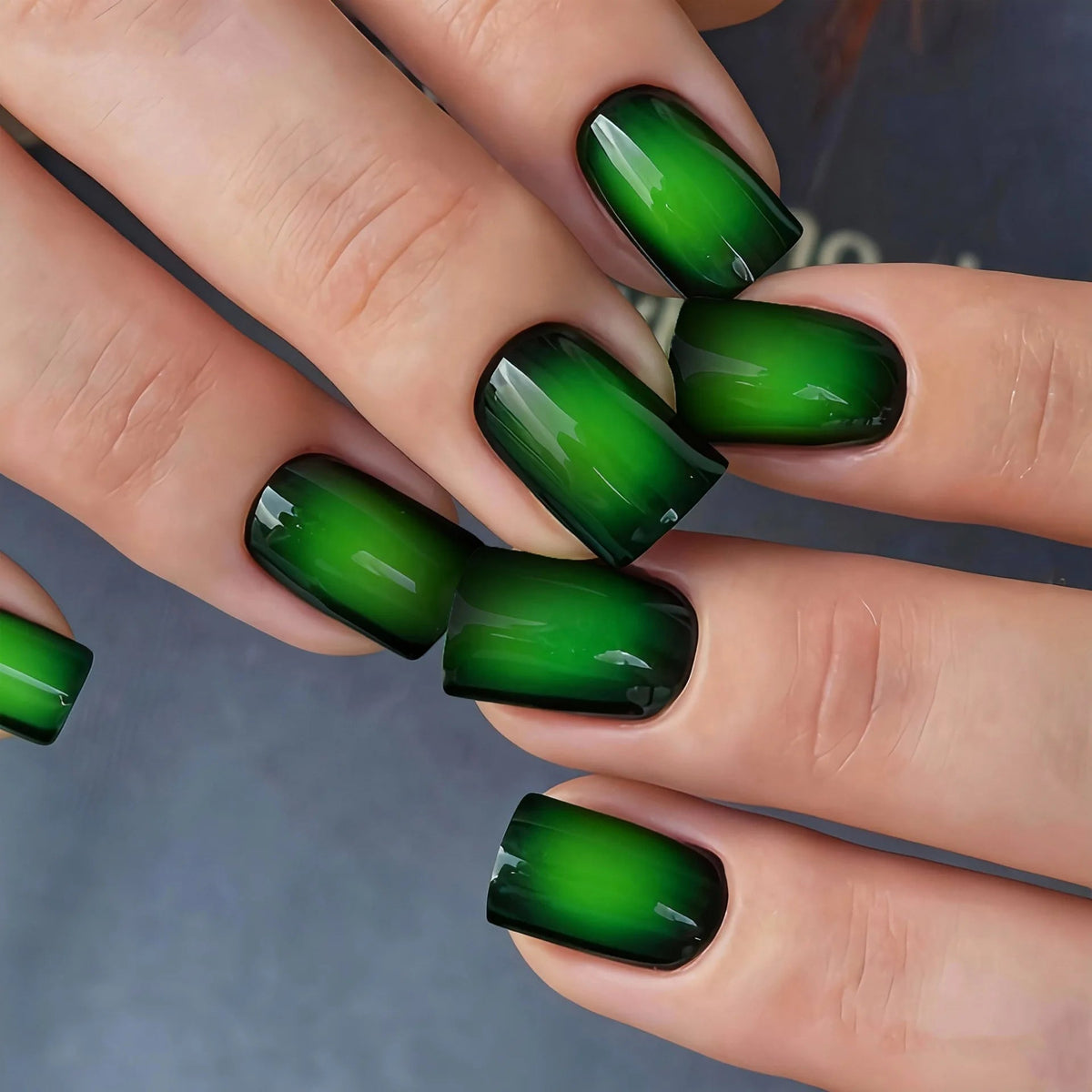 Glossy Black and Vivid Green Ombre Press-On Nails