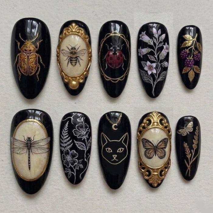 Glossy Black Gothic Cameo Press On Nails With Gold Frames, Insect and Botanical Art