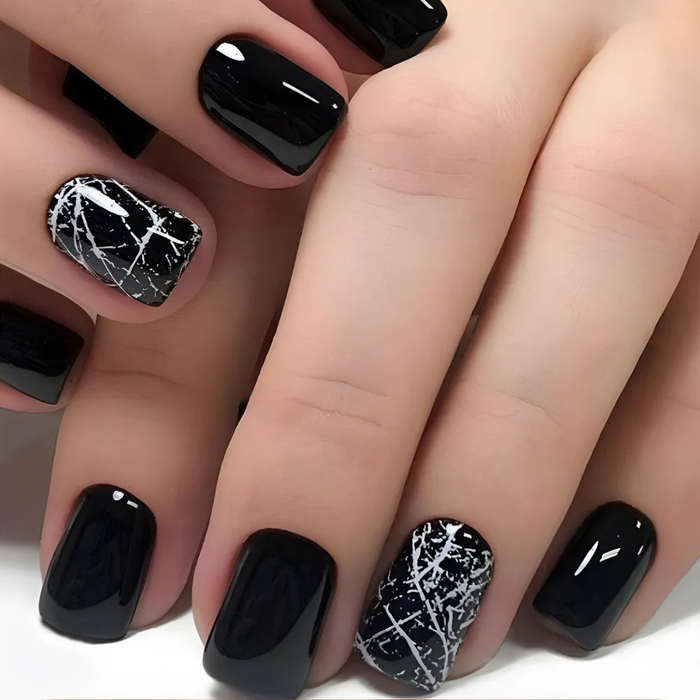 Glossy Black Press On Nails With White Splatter and Line Art