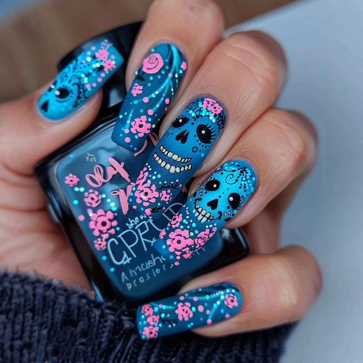 Glossy Blue Halloween Skull and Pink Flower Press On Nails