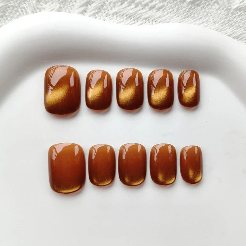 Glossy Brown Cat Eye Press On Nails With Golden Shimmer