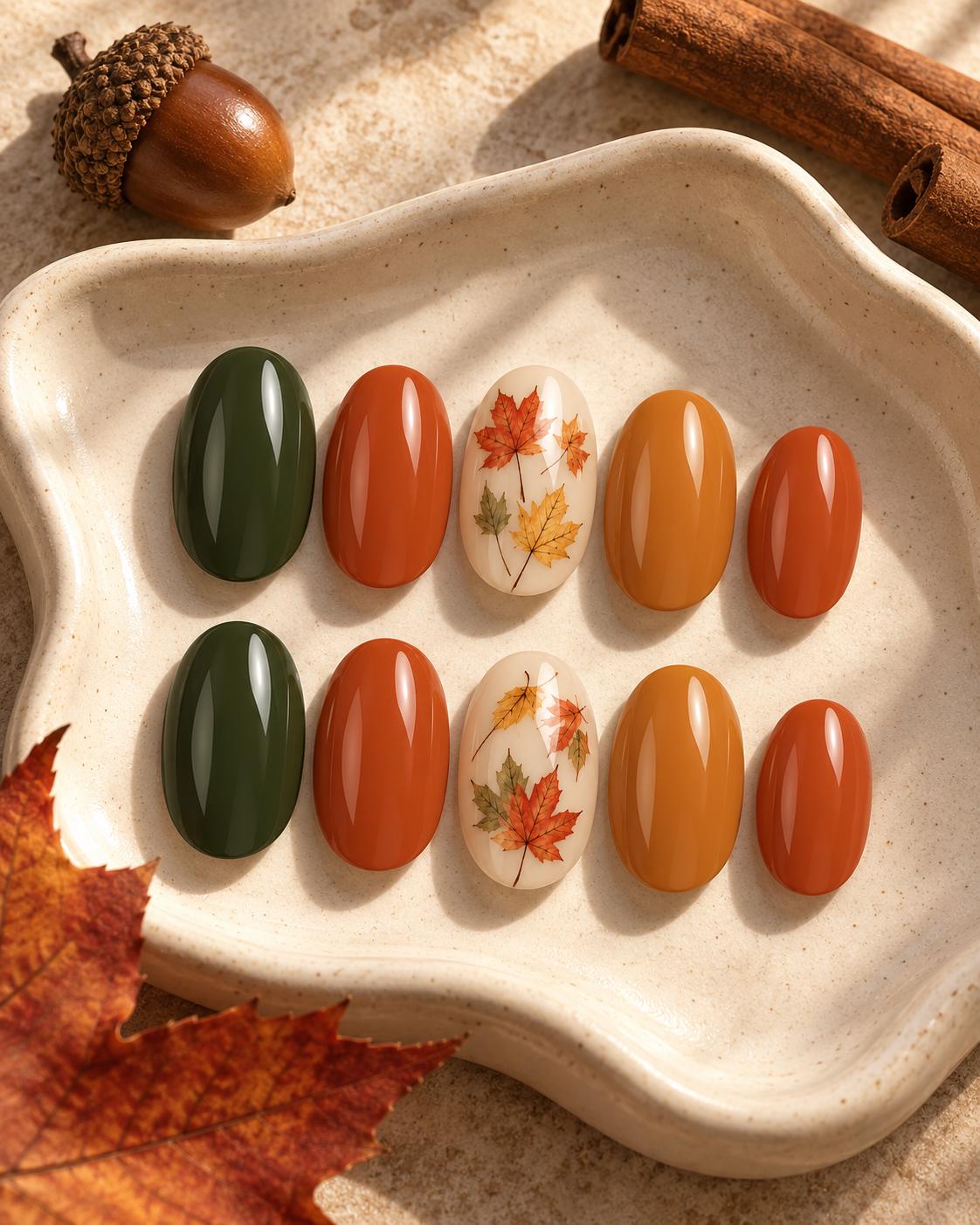 Glossy Fall Leaf Thanksgiving Press On Nails in Olive, Burnt Orange and Amber