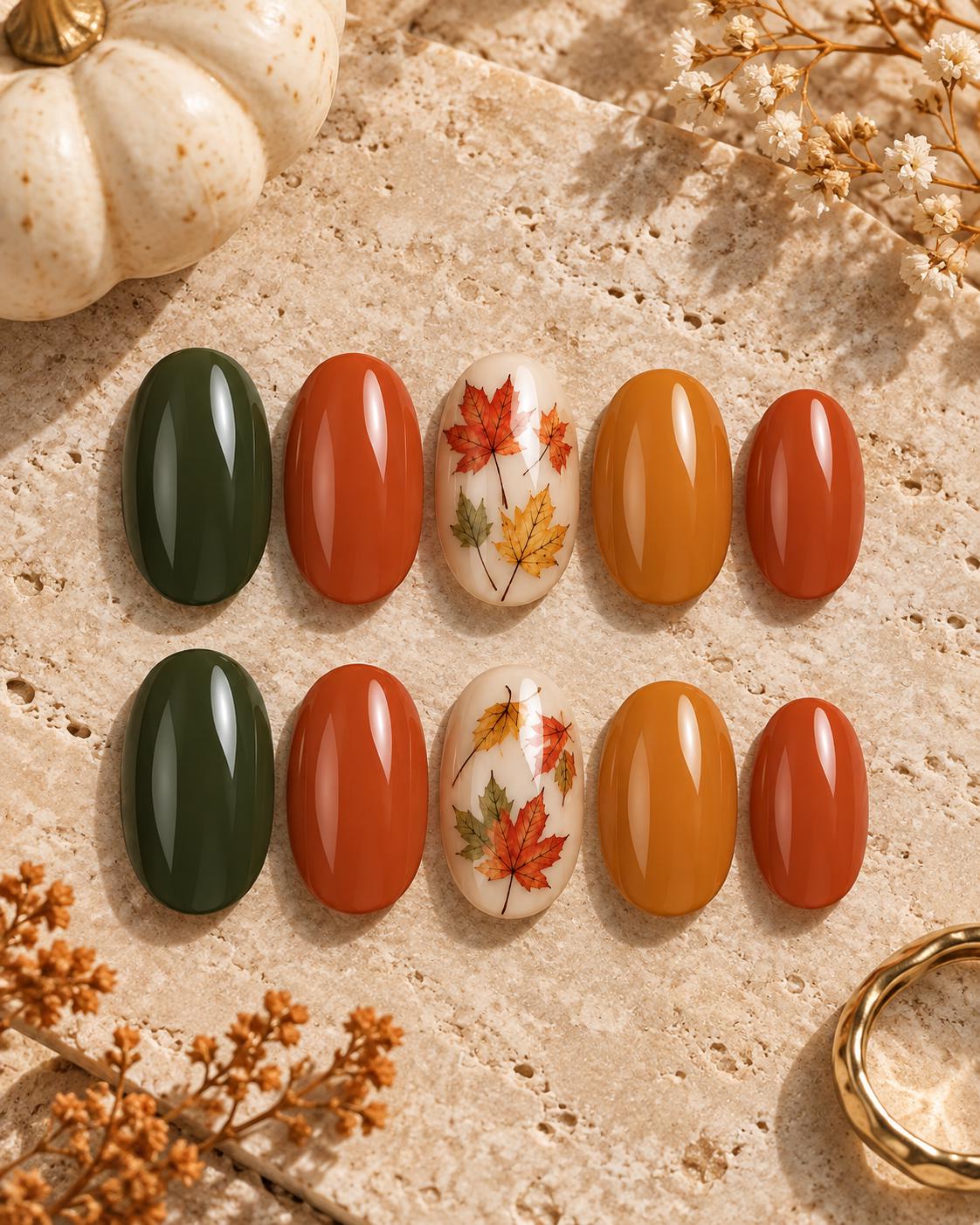Glossy Fall Leaf Thanksgiving Press On Nails in Olive, Burnt Orange and Amber