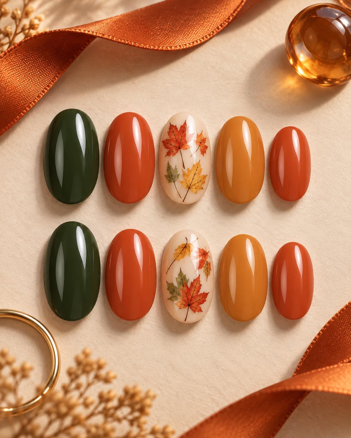 Glossy Fall Leaf Thanksgiving Press On Nails in Olive, Burnt Orange and Amber