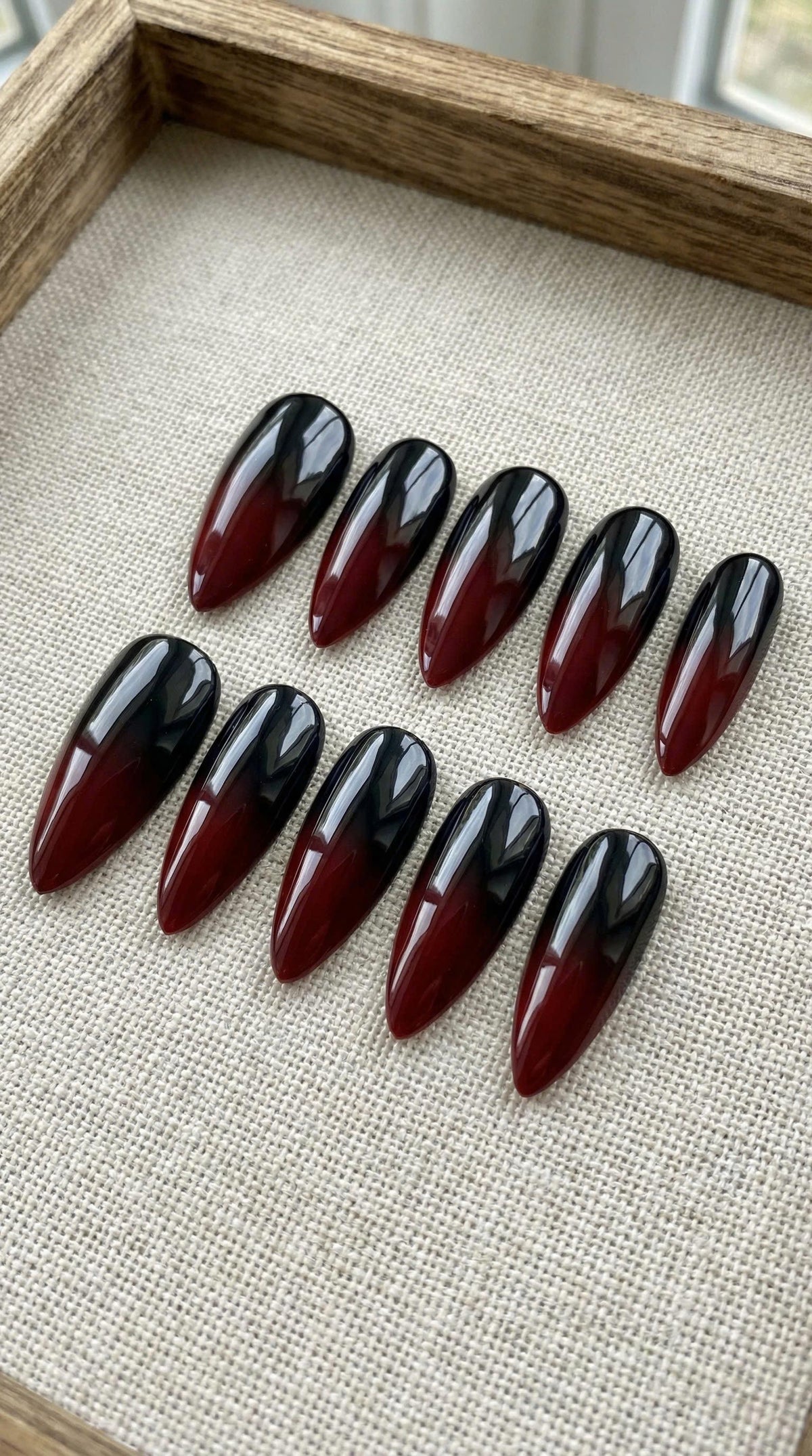 Glossy Gothic Black to Burgundy Red Ombre Press On Nails