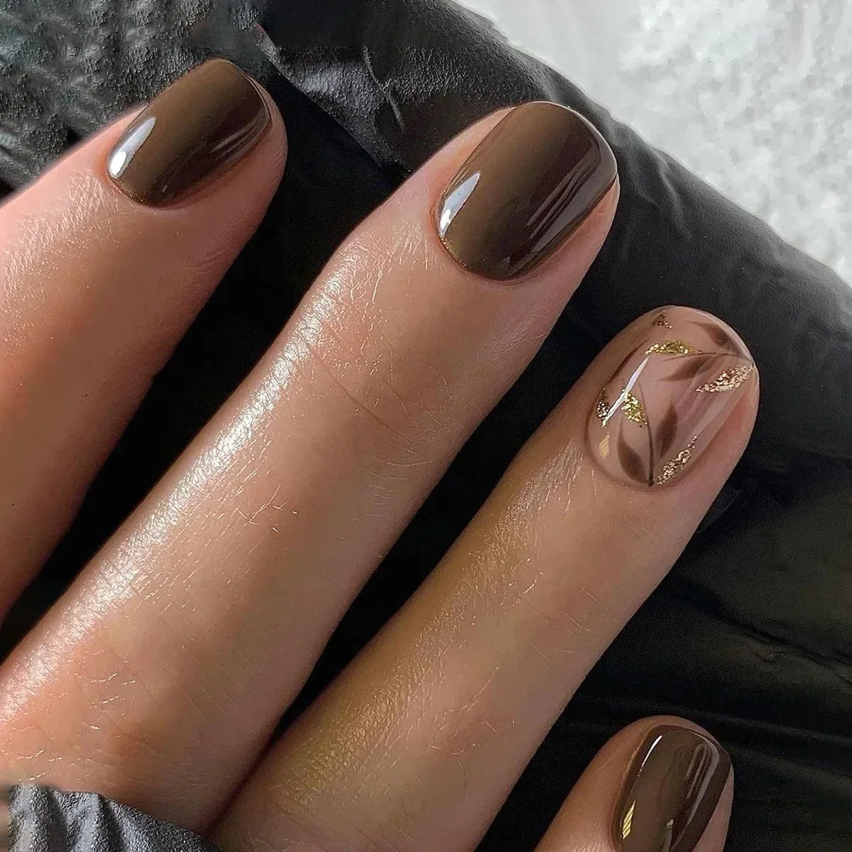 Glossy Mocha Brown Marble Accent Press-On Nails