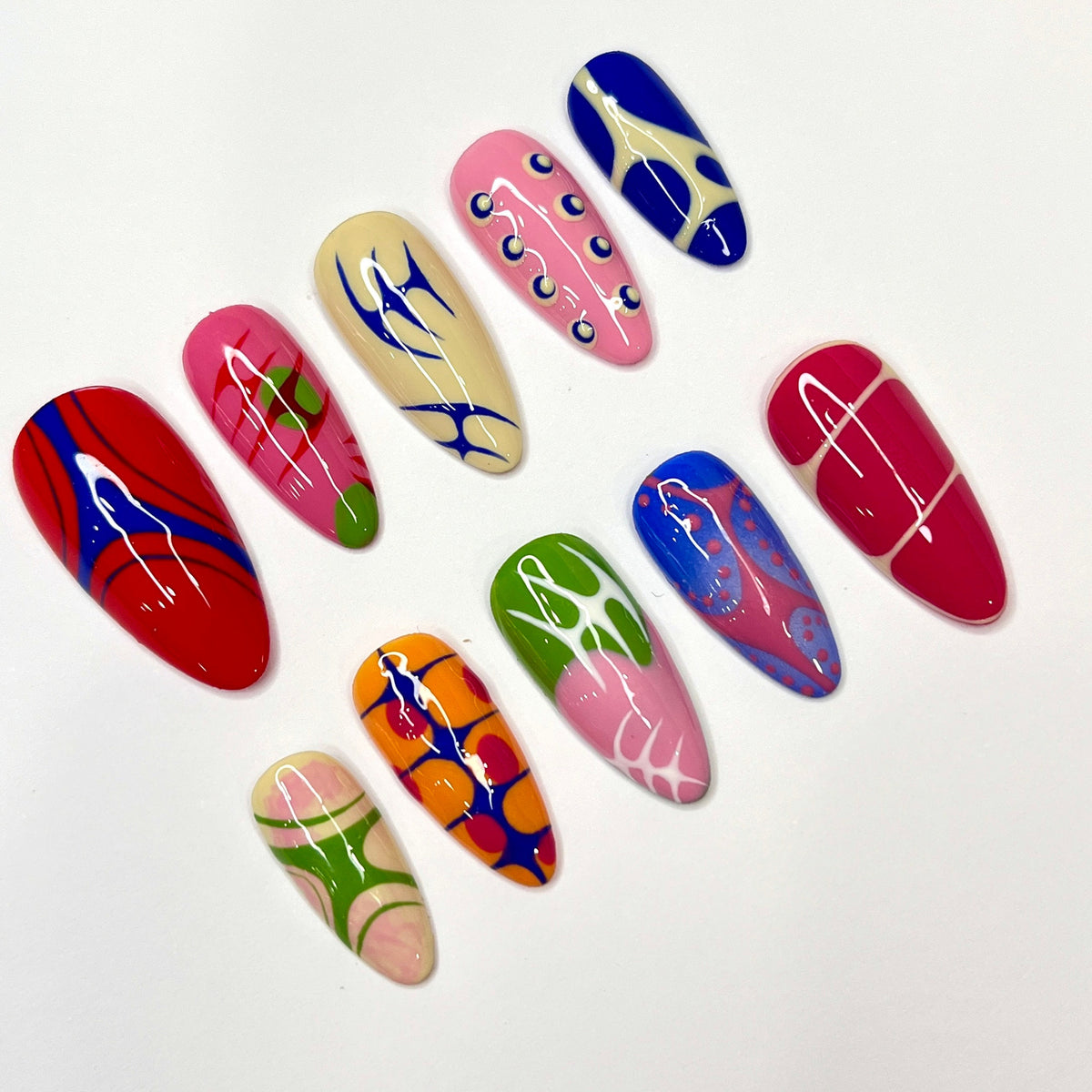 Glossy Multicolor Abstract Swirl and Stripe Nail Set