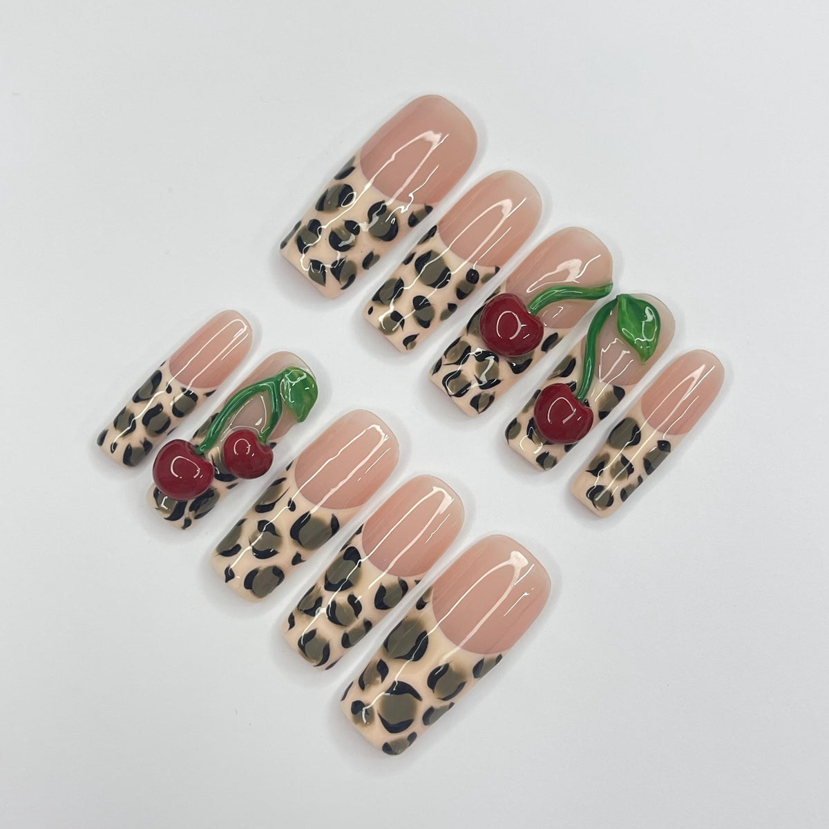 Glossy Nude Pink Leopard Print Cherry Nail Set