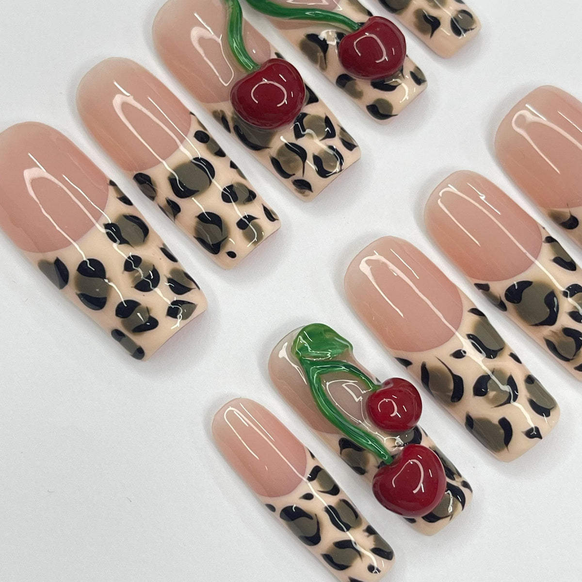 Glossy Nude Pink Leopard Print Cherry Nail Set