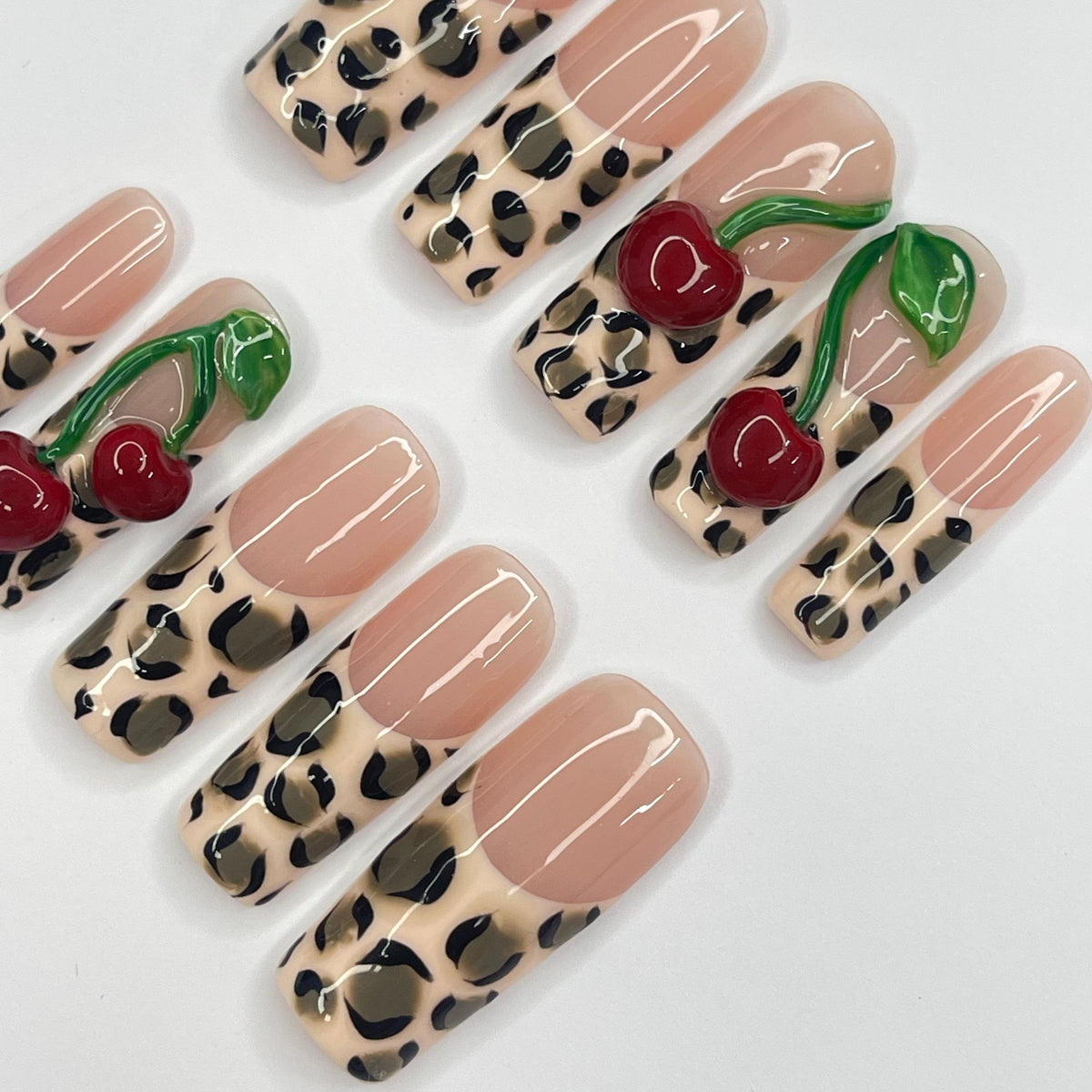 Glossy Nude Pink Leopard Print Cherry Nail Set
