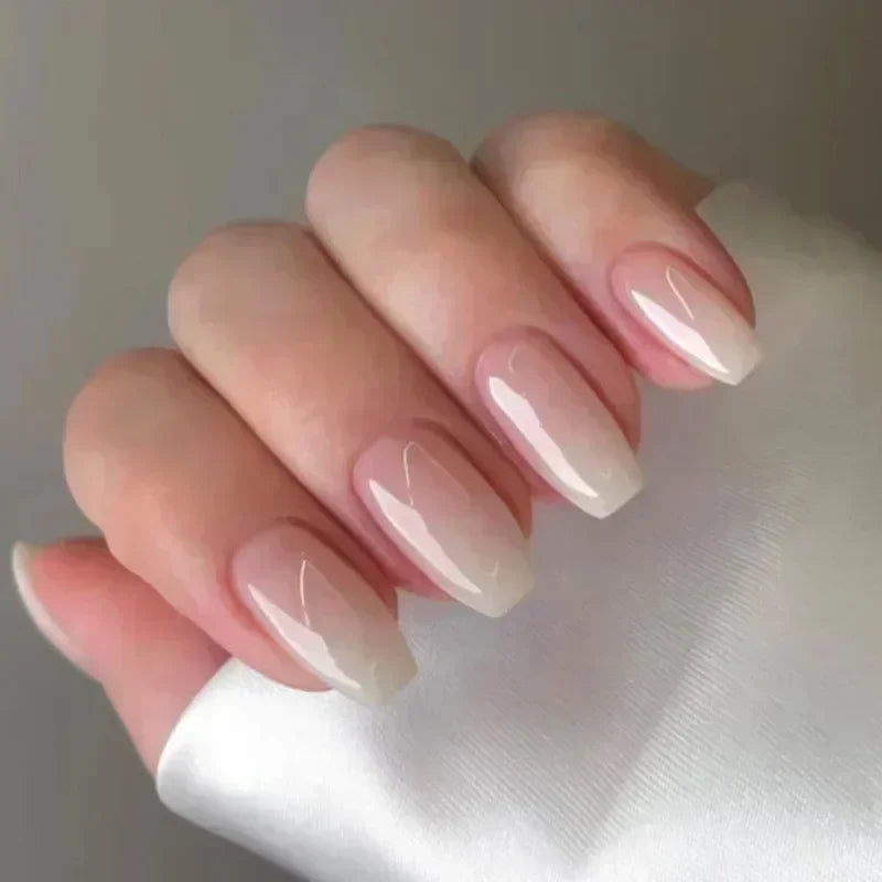 Glossy Nude Pink Press-On Nails With Soft White Ombre Tips