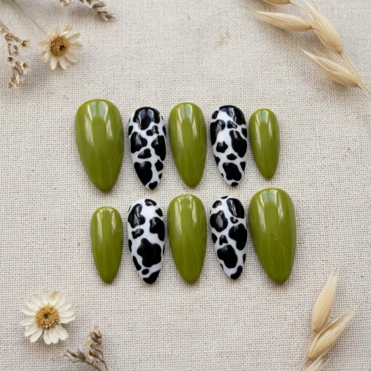 Glossy Olive Green and Black-and-White Cow Print Nail Set