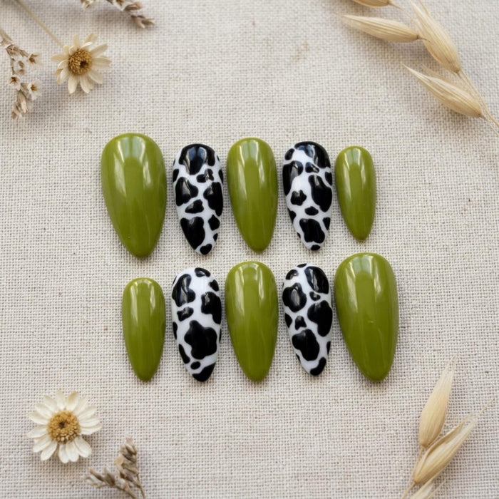Glossy Olive Green and Black-and-White Cow Print Press On Nail Set