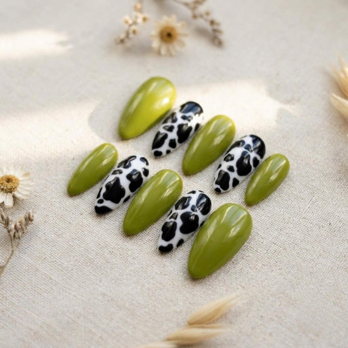 Glossy Olive Green and Black-and-White Cow Print Nail Set