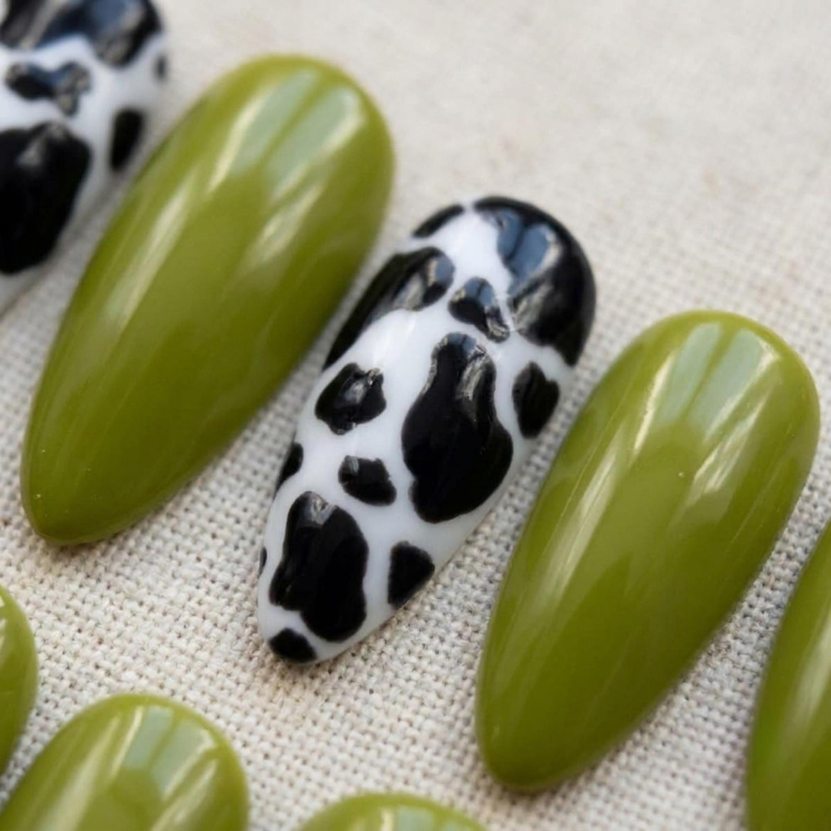 Glossy Olive Green and Black-and-White Cow Print Nail Set