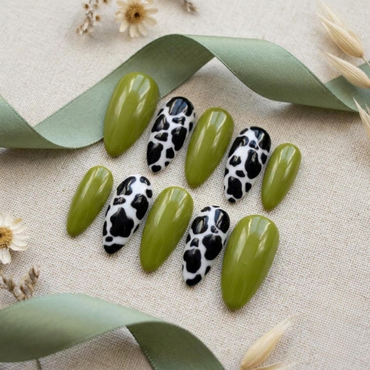 Glossy Olive Green and Black-and-White Cow Print Nail Set