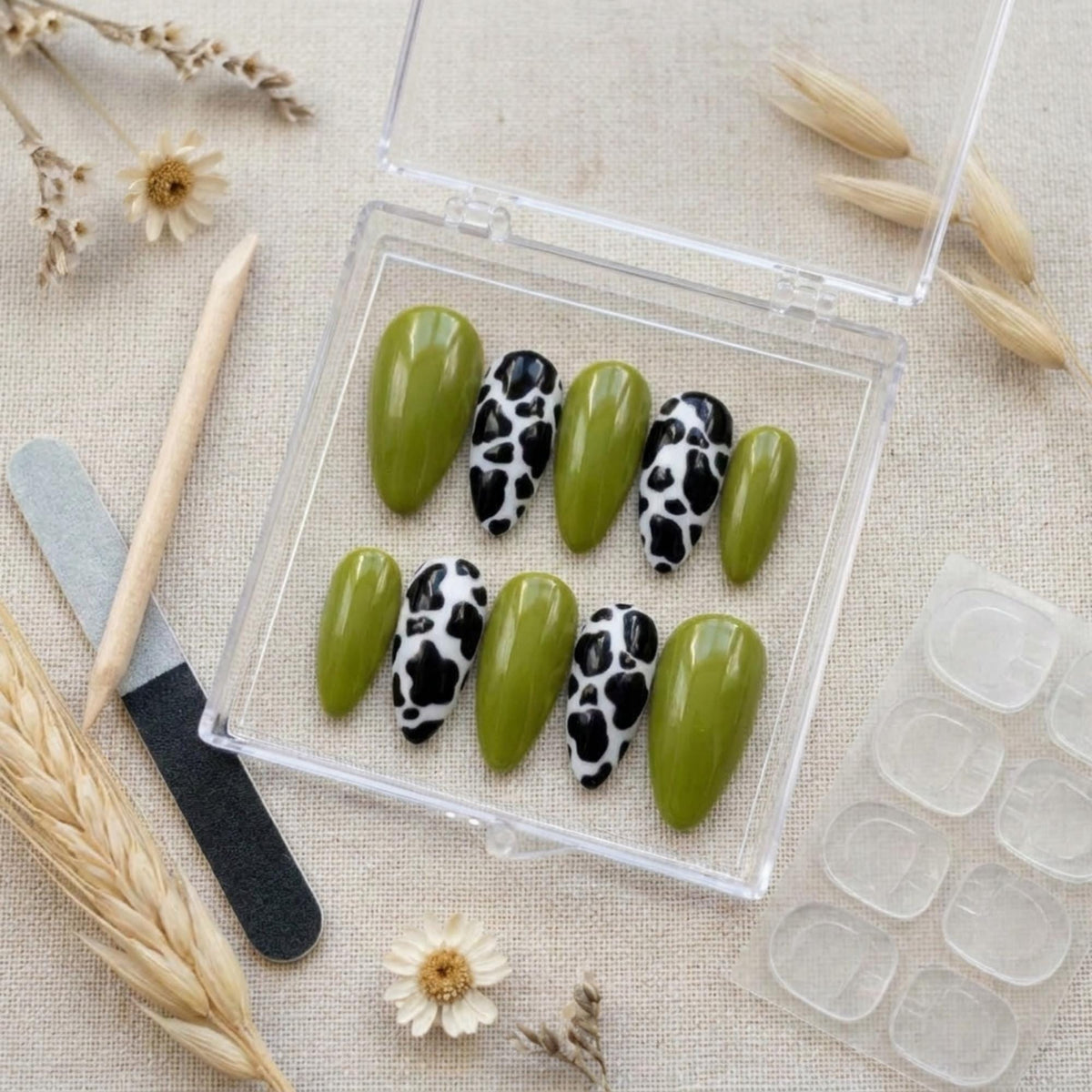 Glossy Olive Green and Black-and-White Cow Print Nail Set