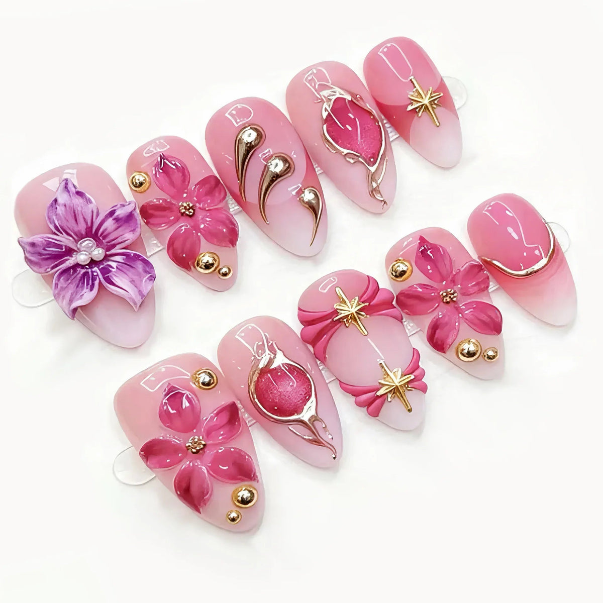 Glossy Pink and Magenta Floral Press On Nails with 3D Flowers and Gold-Tone Details