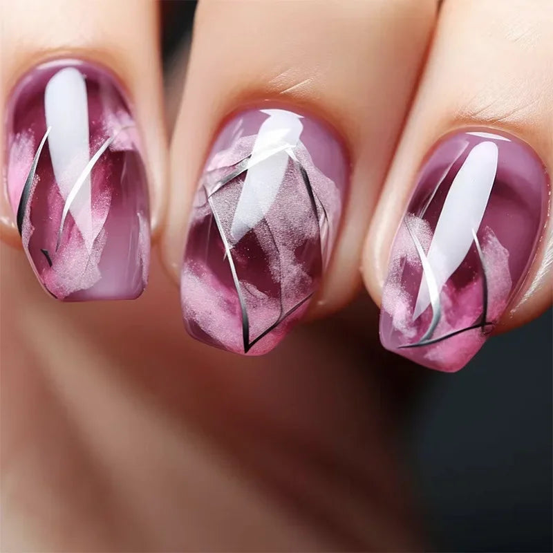 Glossy Pink and Mauve Marble Press On Nails with Black Geometric Line Art