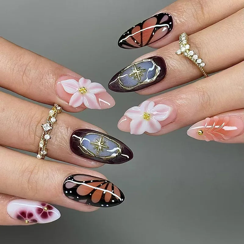 Glossy Pink, Black & Purple Press On Nails With 3D Flowers and Gold Star Accents