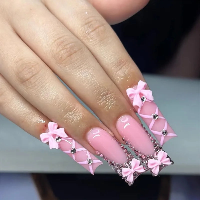 Glossy Pink Bow and Rhinestone Press On Nails