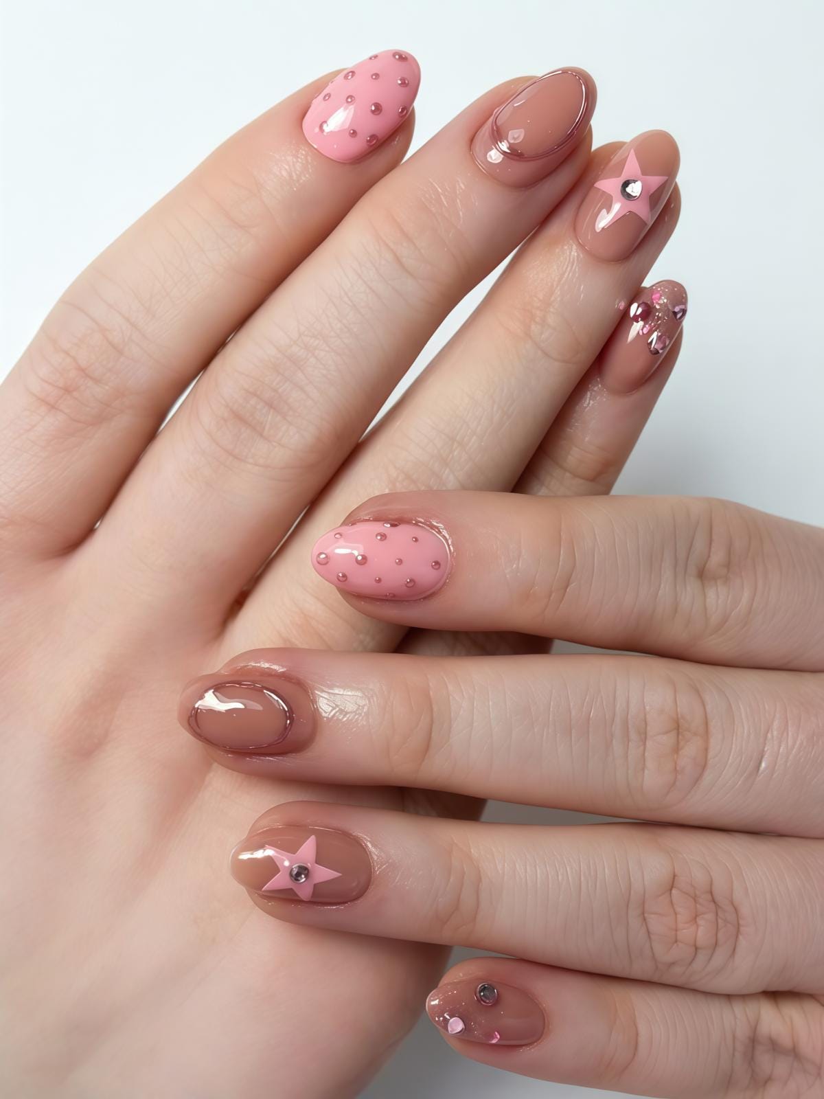 Glossy Pink Star and Polka Dot Press-On Nails