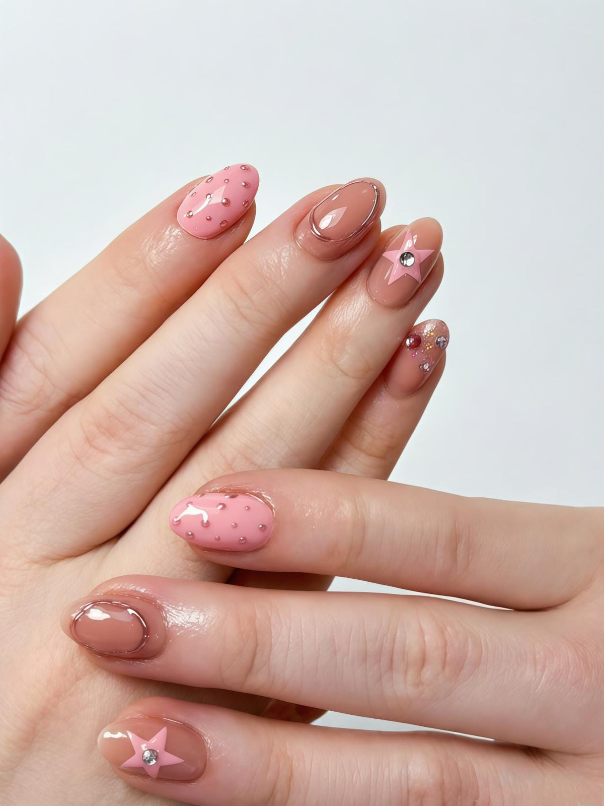 Glossy Pink Star and Polka Dot Press-On Nails