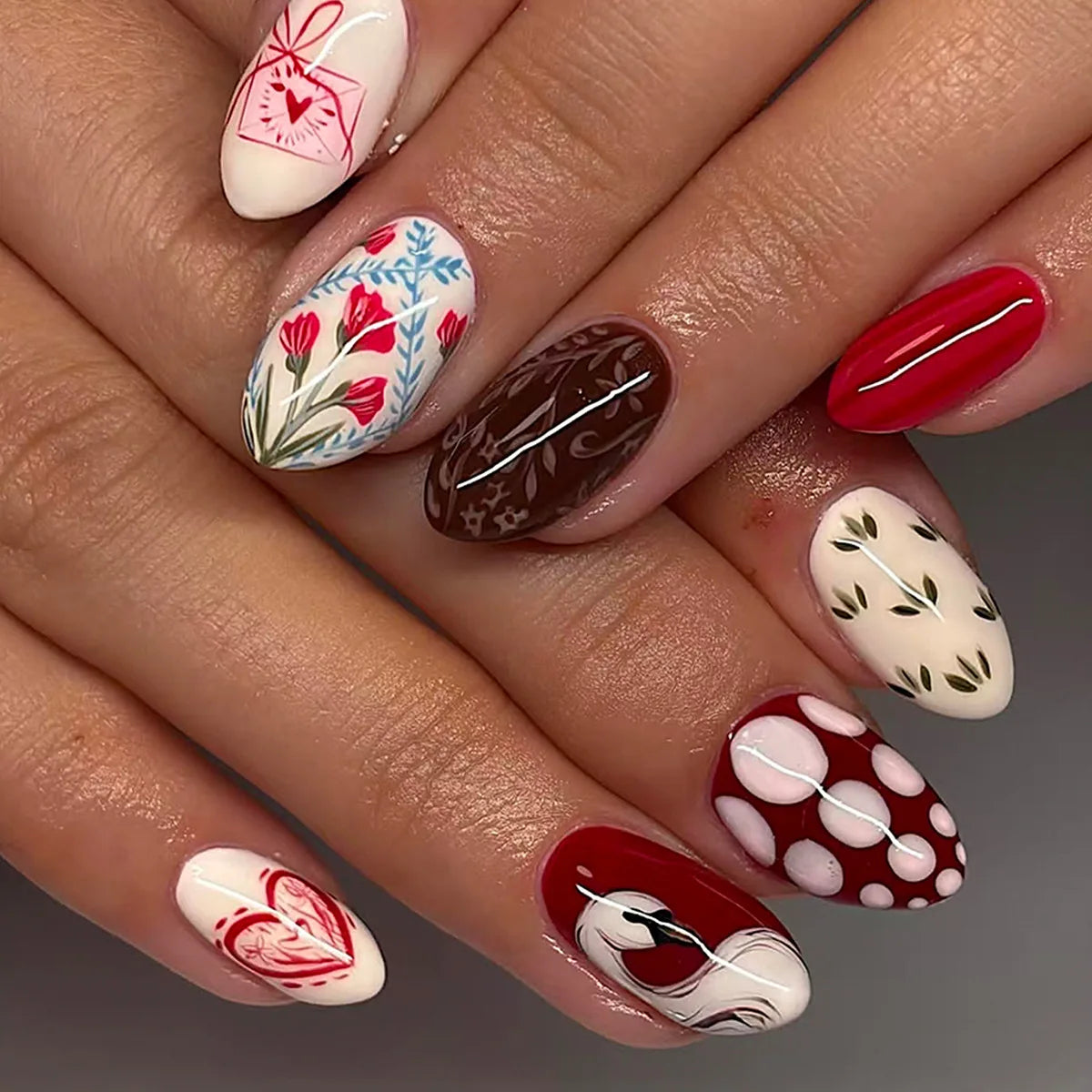 Glossy Red, Cream and Brown Floral Polka Dot Nail Set