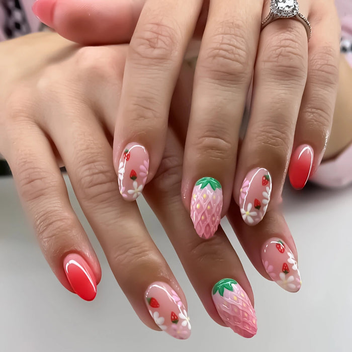 Glossy Strawberry and Floral Press On Nails with Textured Pink Strawberries