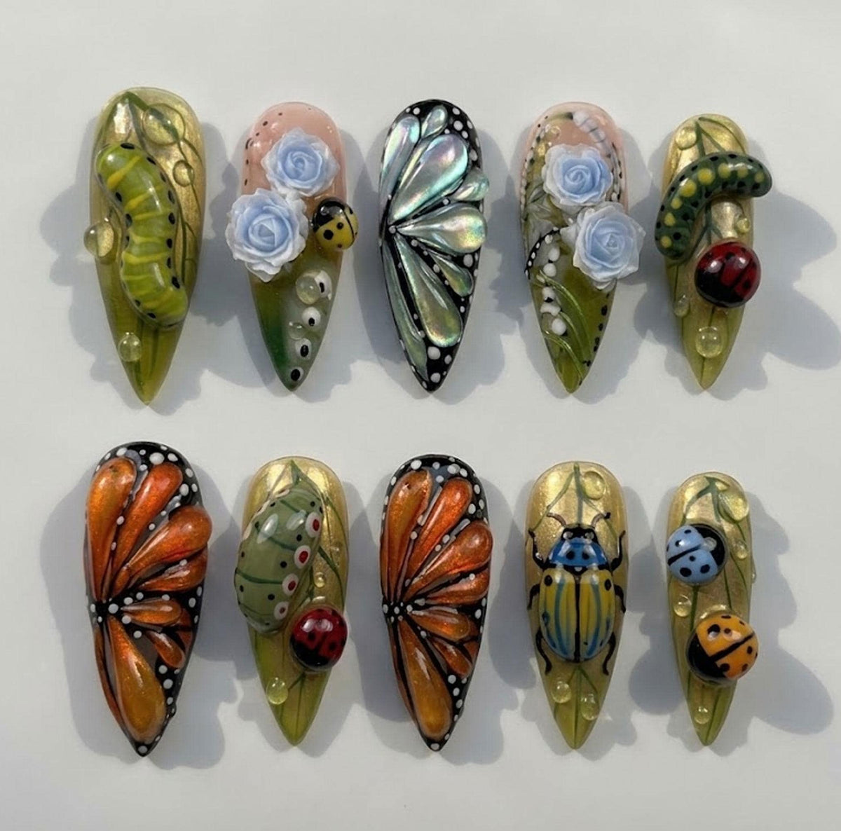 Goblincore Botanical Insect Press-On Nail Set With Butterfly Wings and Blue Roses