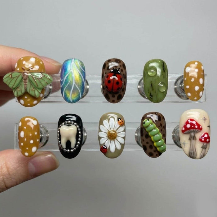 Goblincore Mushroom, Bug, and Tooth Press On Nail Set with 3D Nature Details