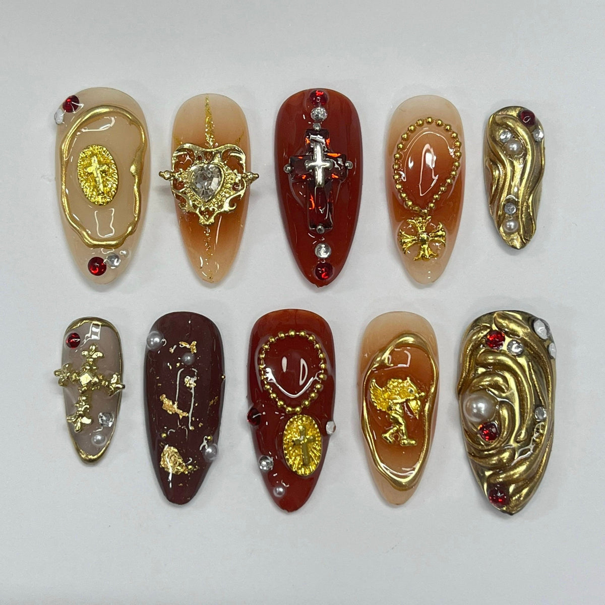 Gold Chrome Baroque Press-On Nail Set With Rhinestones and 3D Medallions