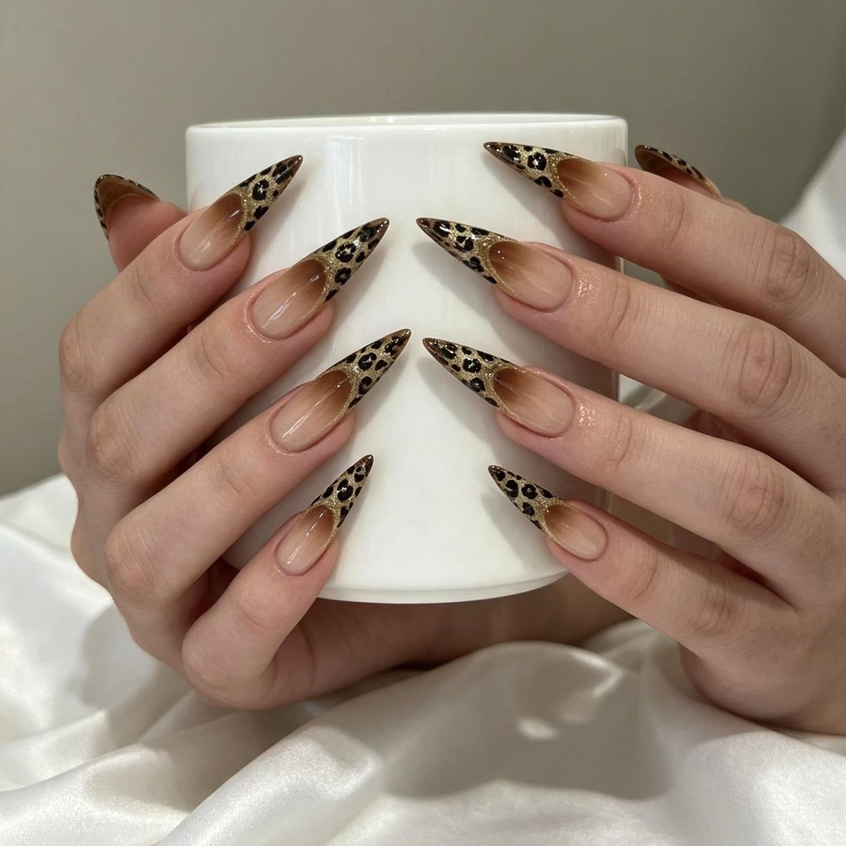 Gold Glitter Leopard French Tip Press On Nails With Glossy Nude-Brown Bases
