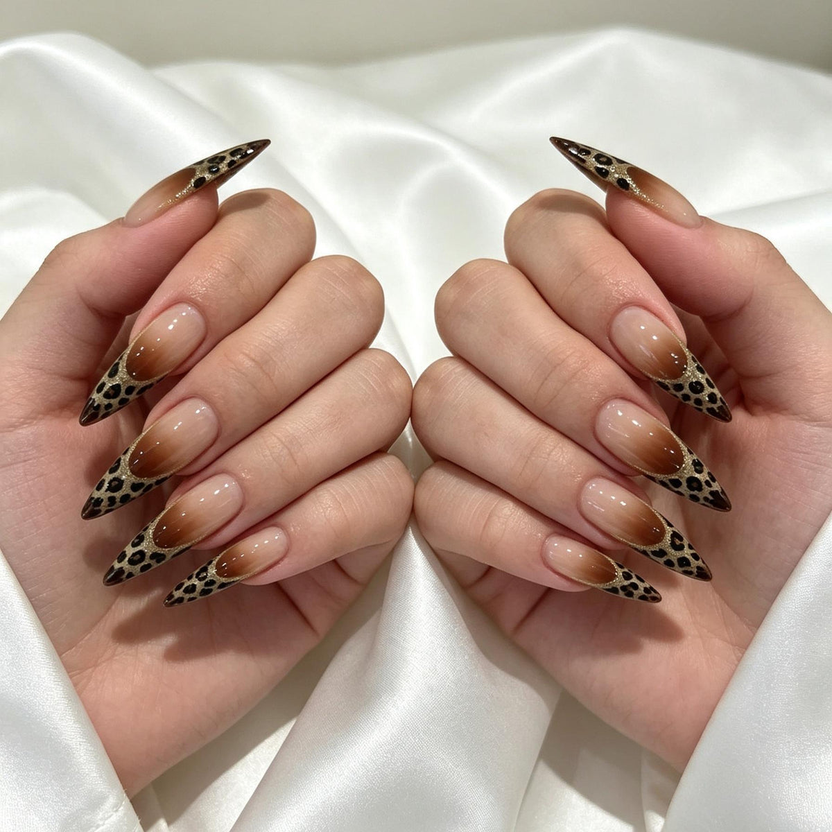 Gold Glitter Leopard French Tip Press On Nails With Glossy Nude-Brown Bases
