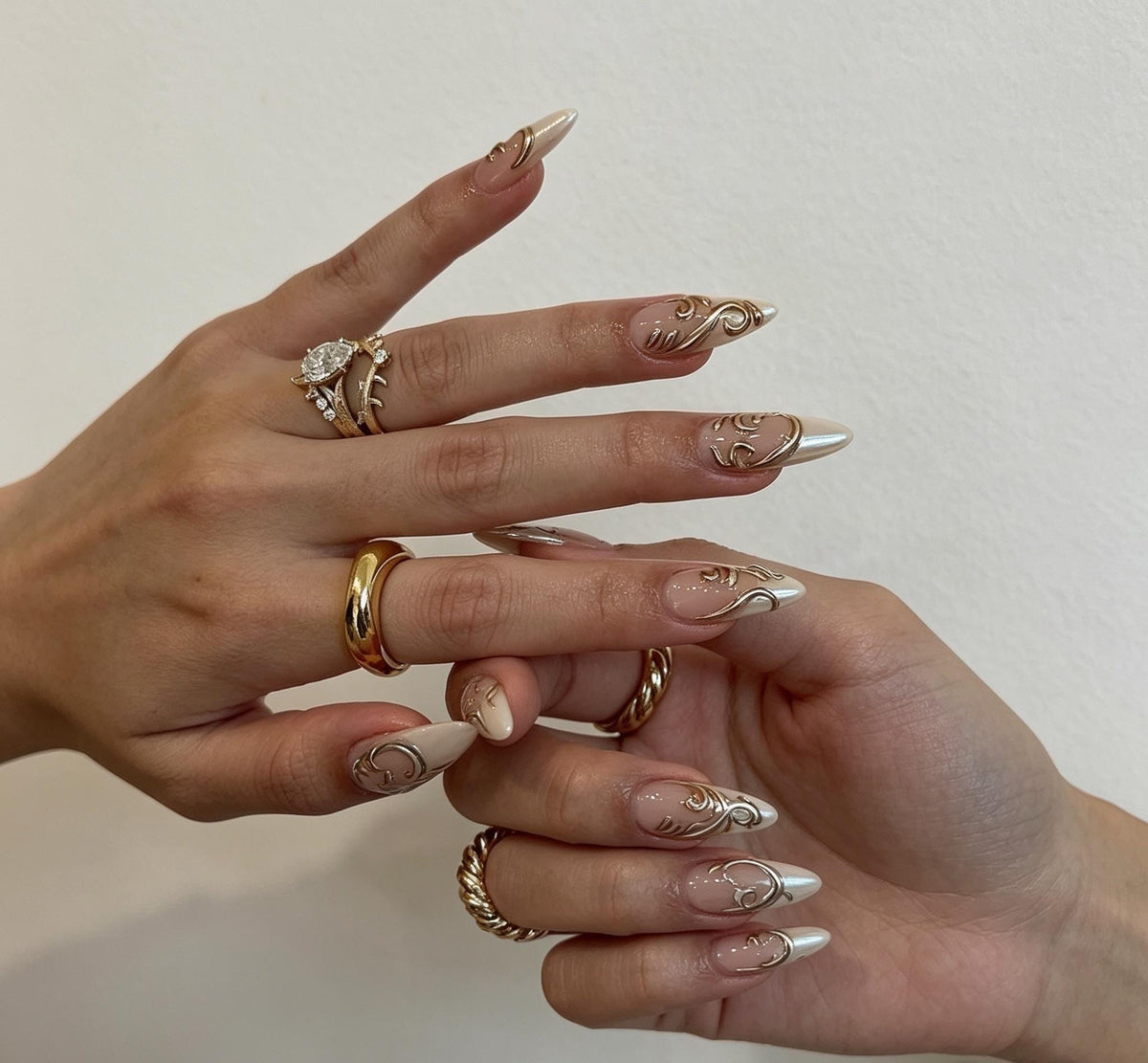 Gold Metallic Swirl Bridal Press On Nails with Pearly Nude-Ivory Base