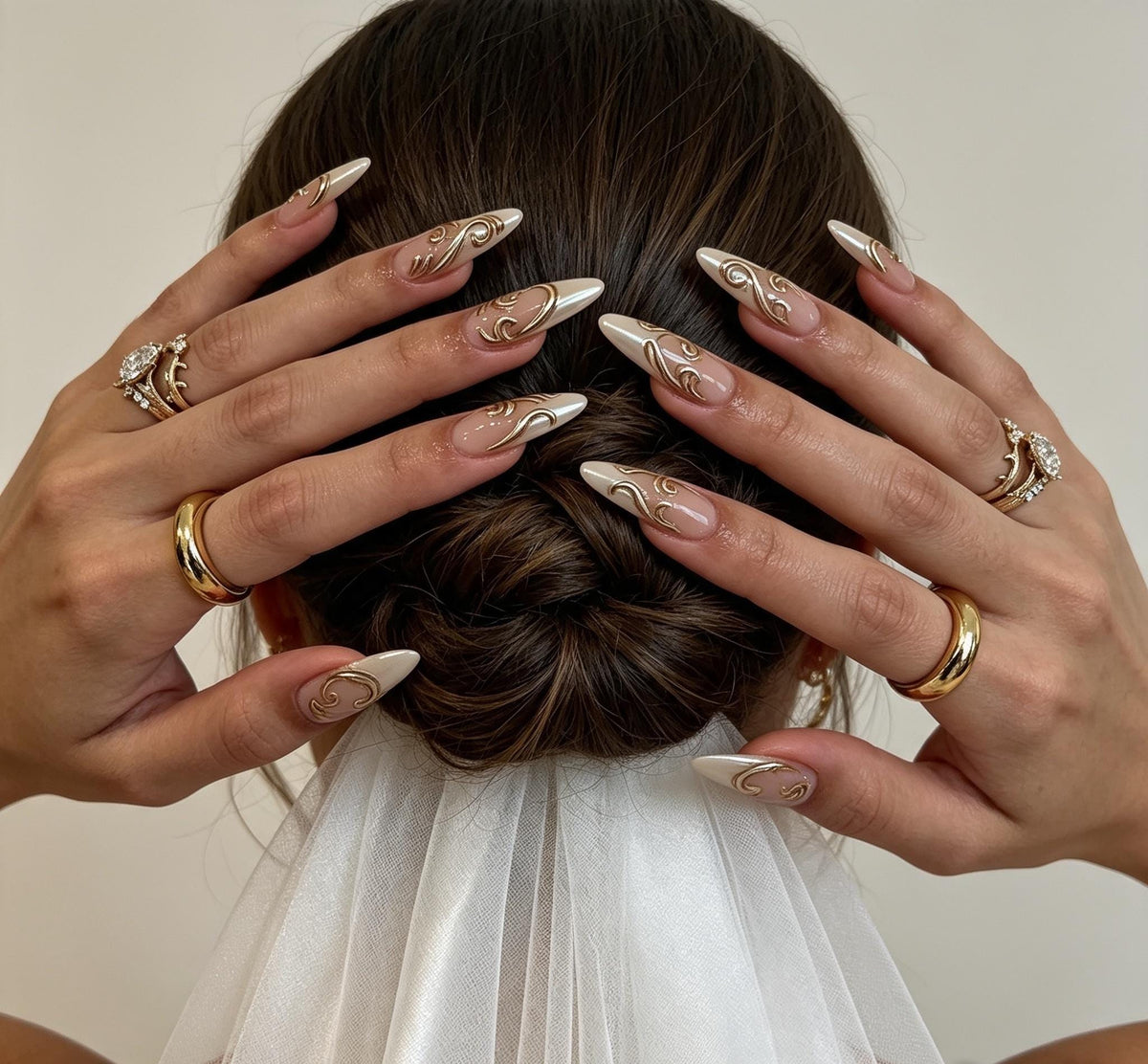 Gold Metallic Swirl Bridal Press On Nails with Pearly Nude-Ivory Base