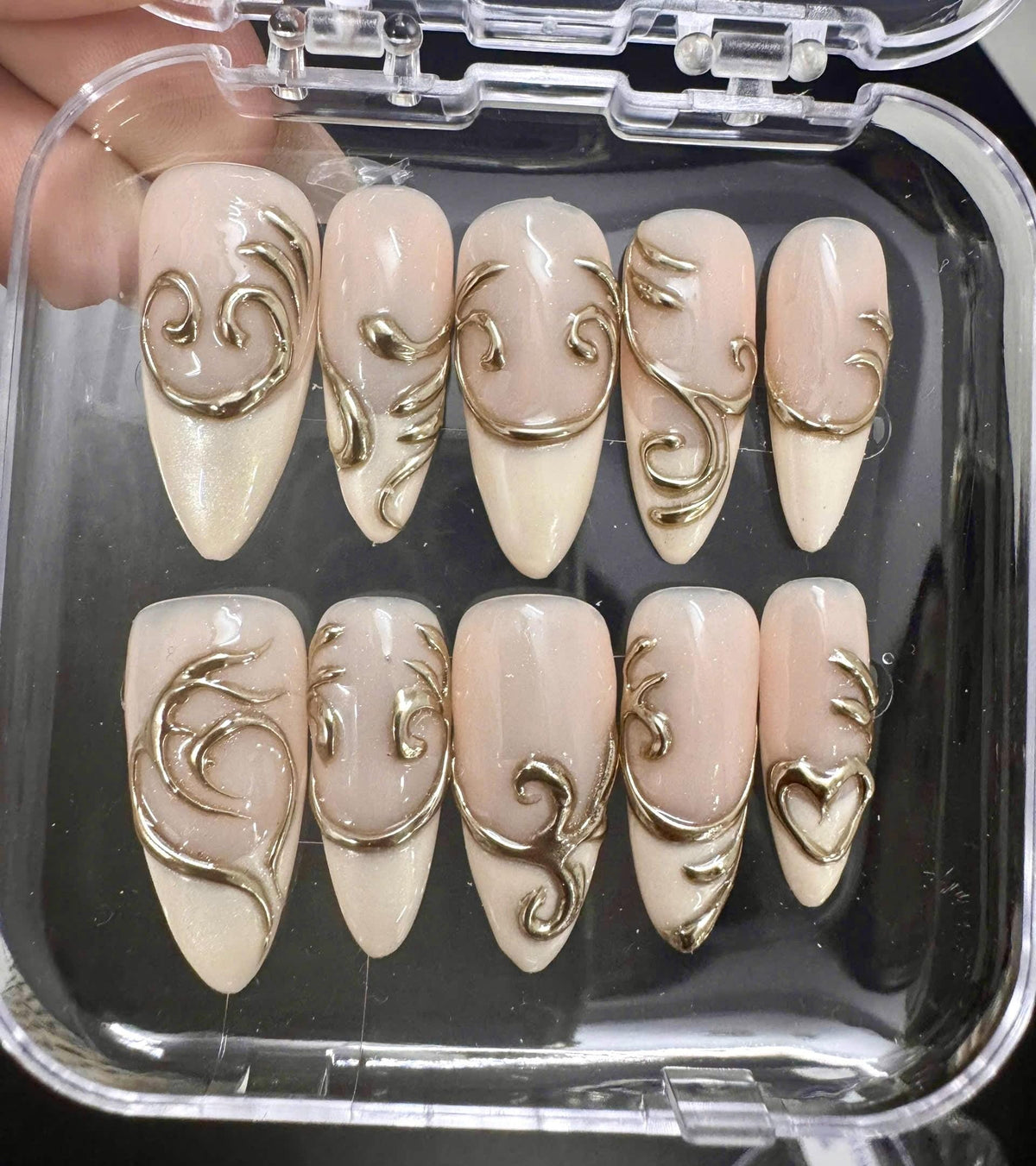 Gold Metallic Swirl Bridal Press On Nails with Pearly Nude-Ivory Base
