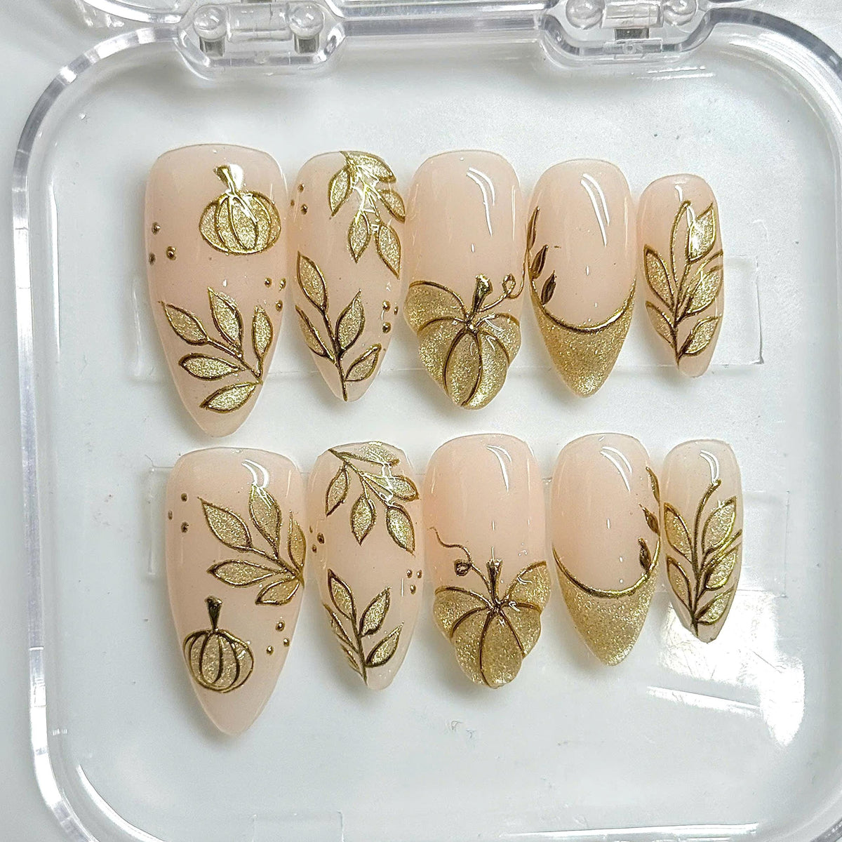 Gold Pumpkin and Botanical French Tip Press On Nails
