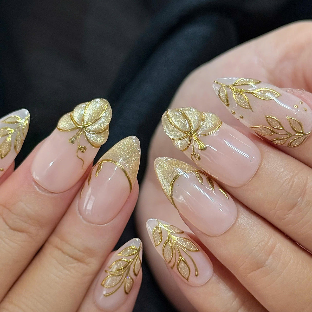 Gold Pumpkin and Botanical French Tip Press On Nails