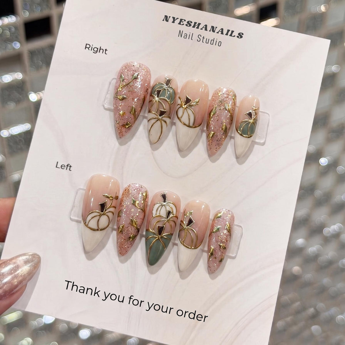 Gold Pumpkin Vine Press On Nails in Nude Pink, White, Sage & Glitter