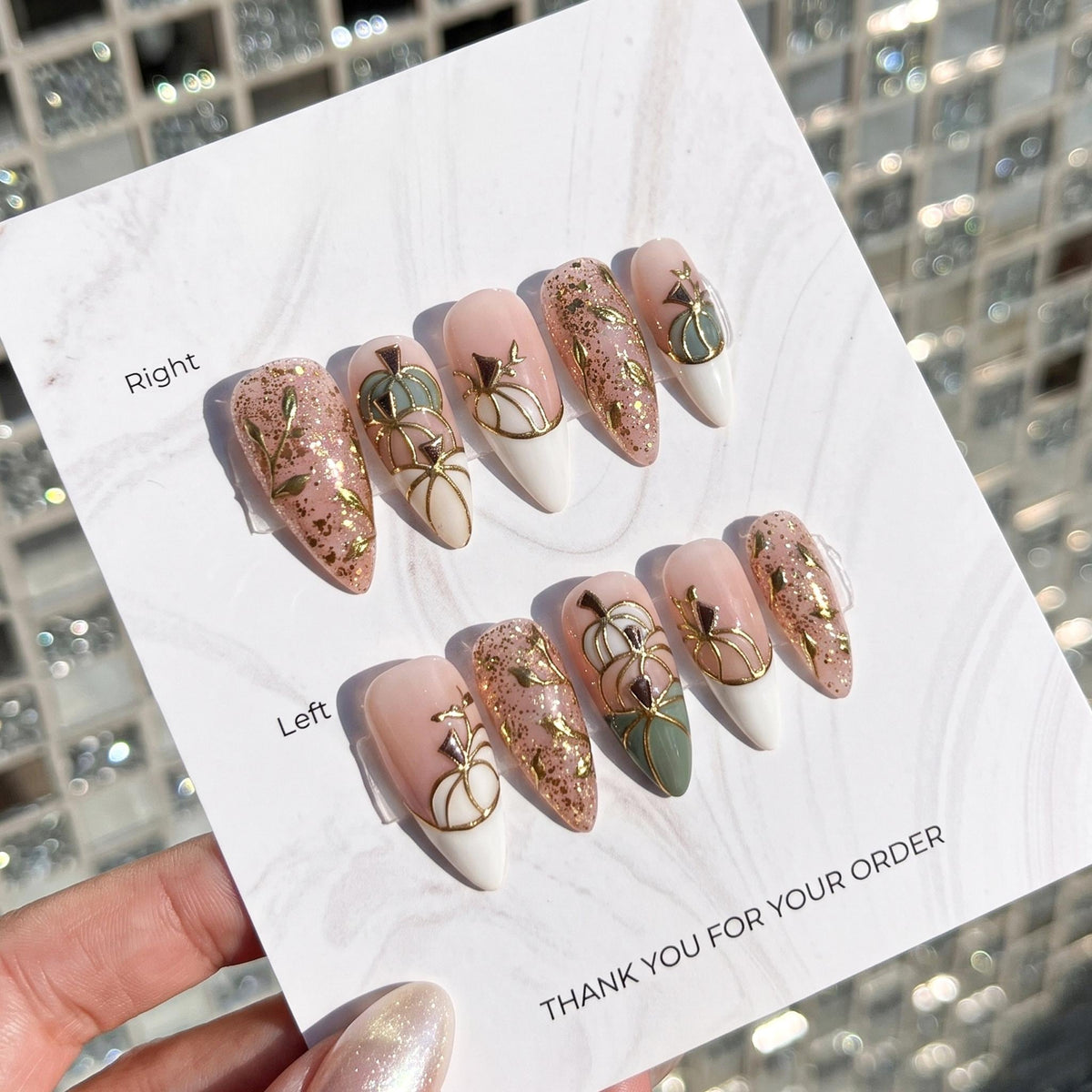 Gold Pumpkin Vine Press On Nails in Nude Pink, White, Sage & Glitter