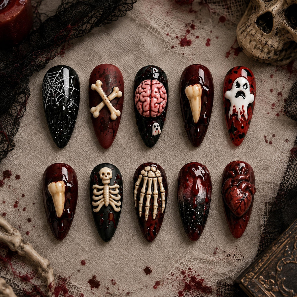 Gory Halloween Press On Nails With 3D Bones, Skeletons, and Anatomical Details