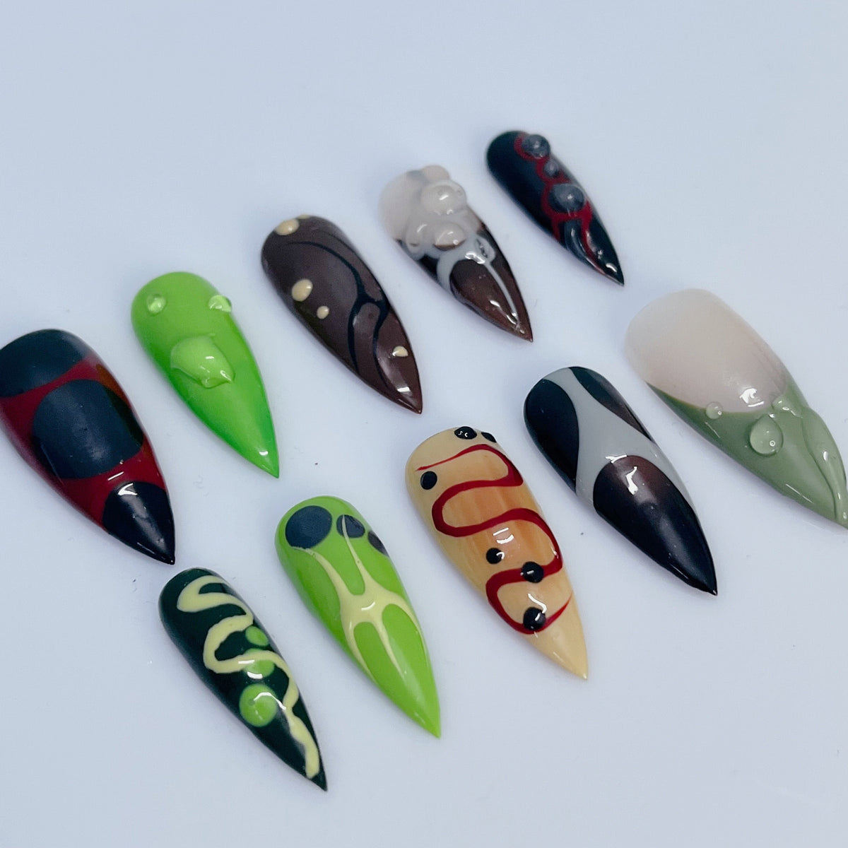 Gothic Abstract Swirl Press On Nails in Black, Lime Green, Brown, and Neutral Tones